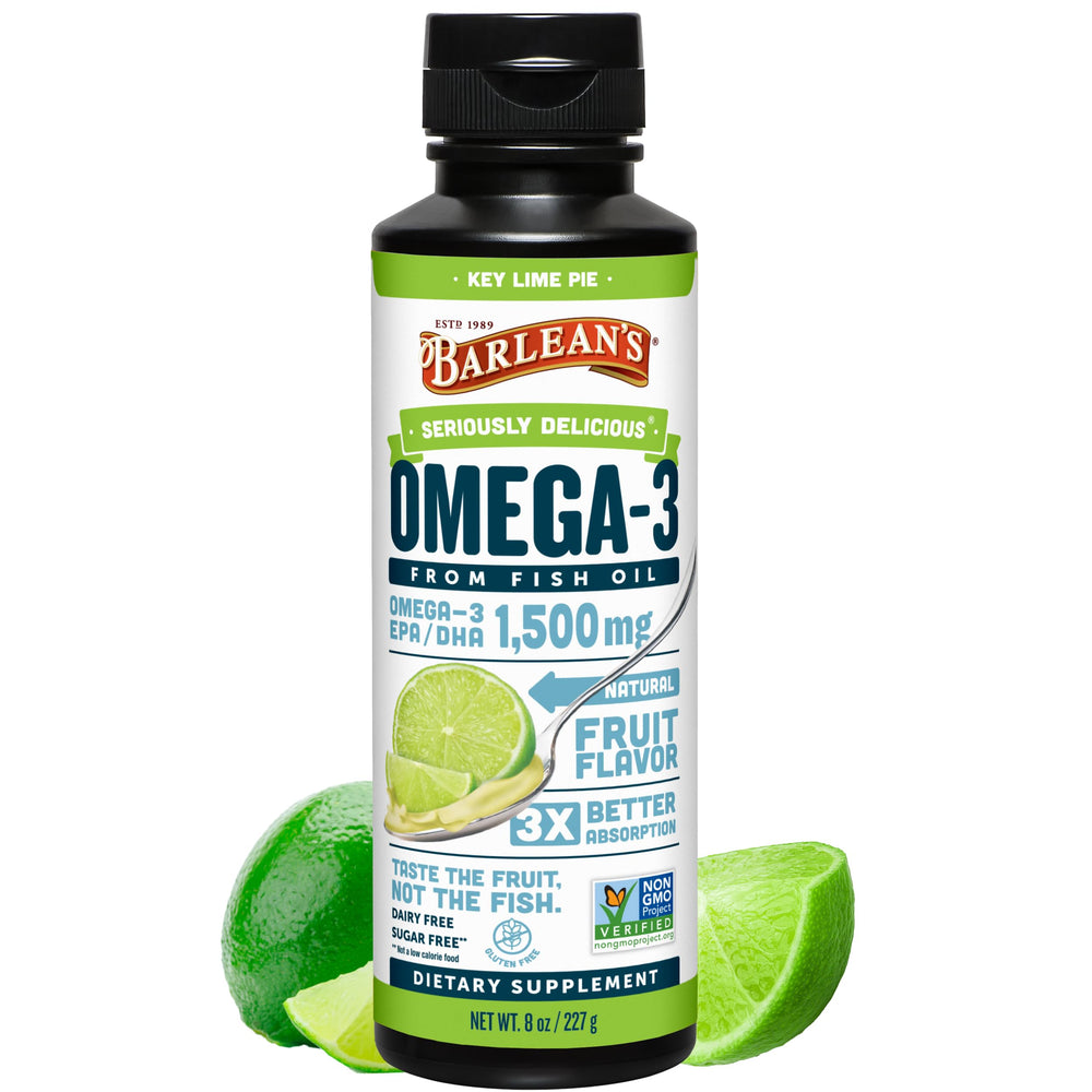 Barlean's frente del envase con sabor Key Lime Pie mostrando tamaño y marca