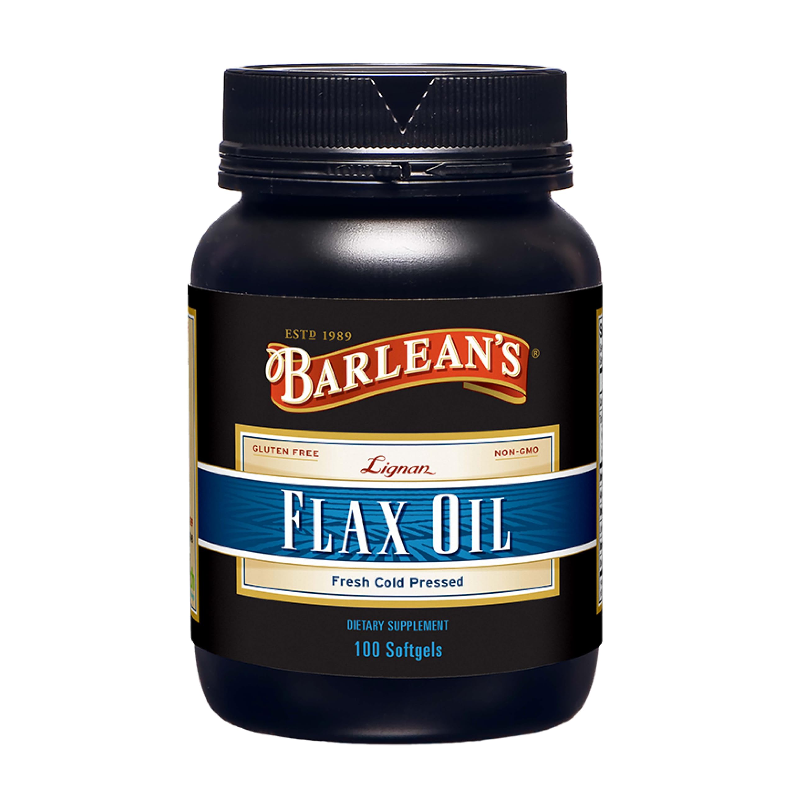 Barlean's vista frontal del frasco que muestra el empaque y facilidad de uso