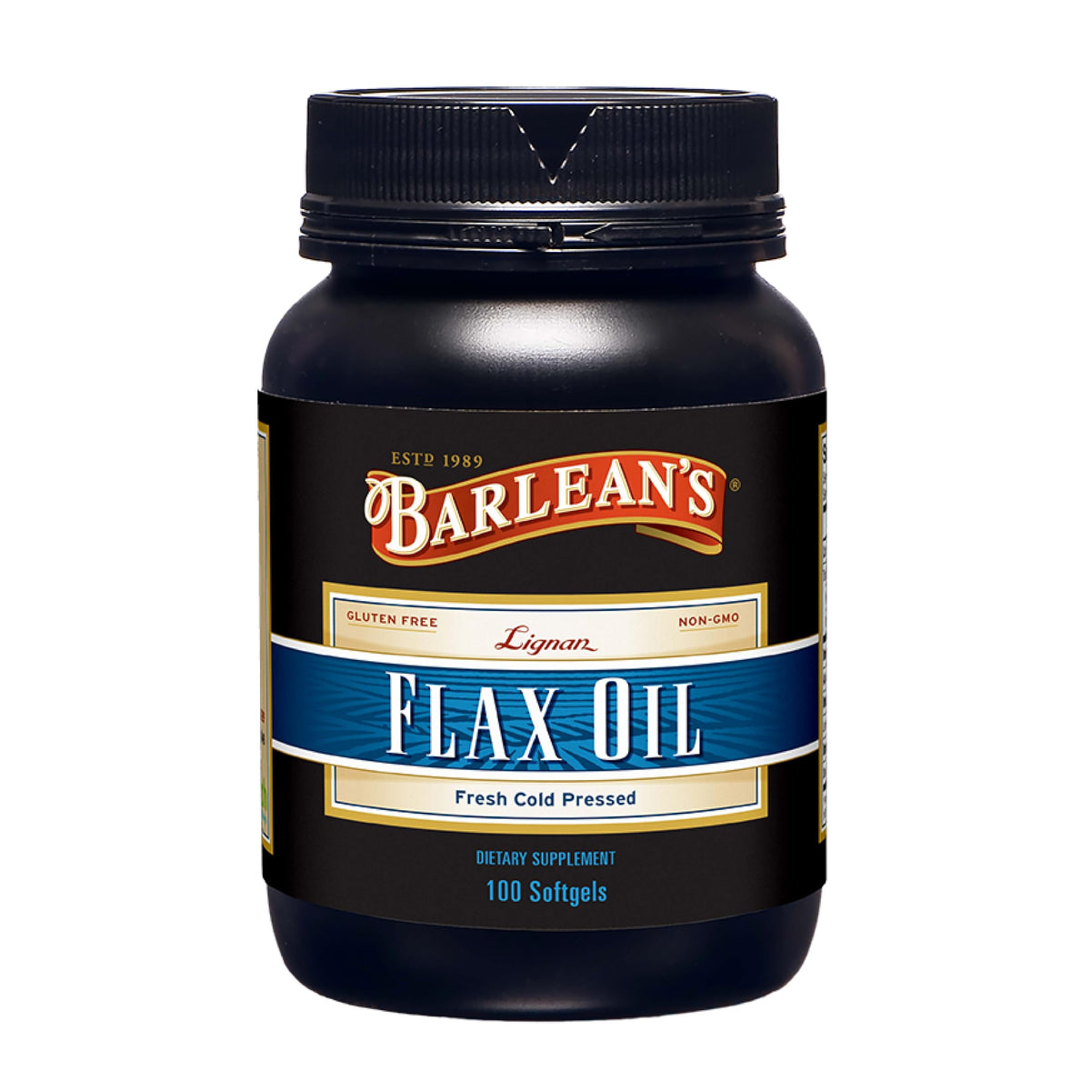 Barlean's vista frontal del frasco que muestra el empaque y facilidad de uso