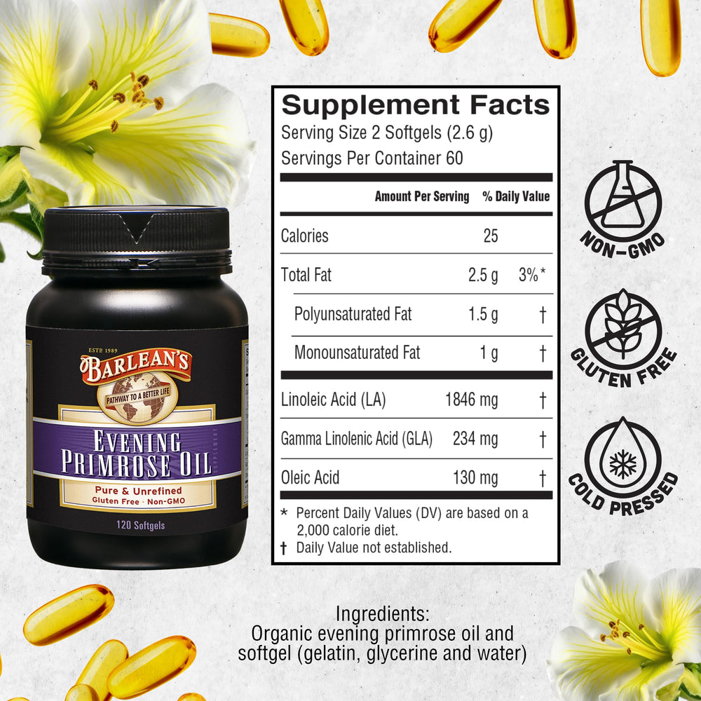 Barlean's etiqueta con información nutricional y contenido de GLA claro