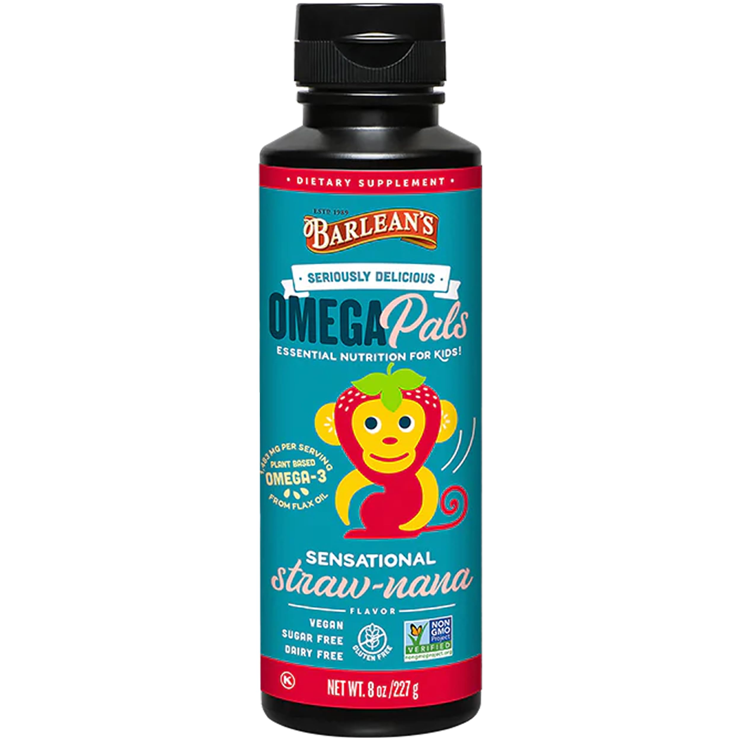 Barlean's frontal del envase mostrando sabor Straw-Nana y formato 8 oz, atractivo visual