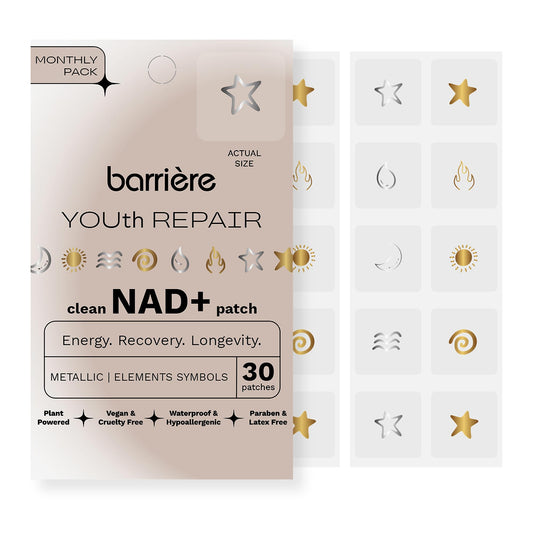 barrière frente del empaque mostrando 30 parches y diseño Metallic Elements, ideal para planificación