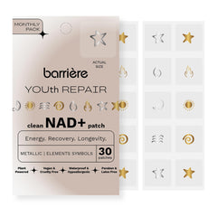 barrière frente del empaque mostrando 30 parches y diseño Metallic Elements, ideal para planificación