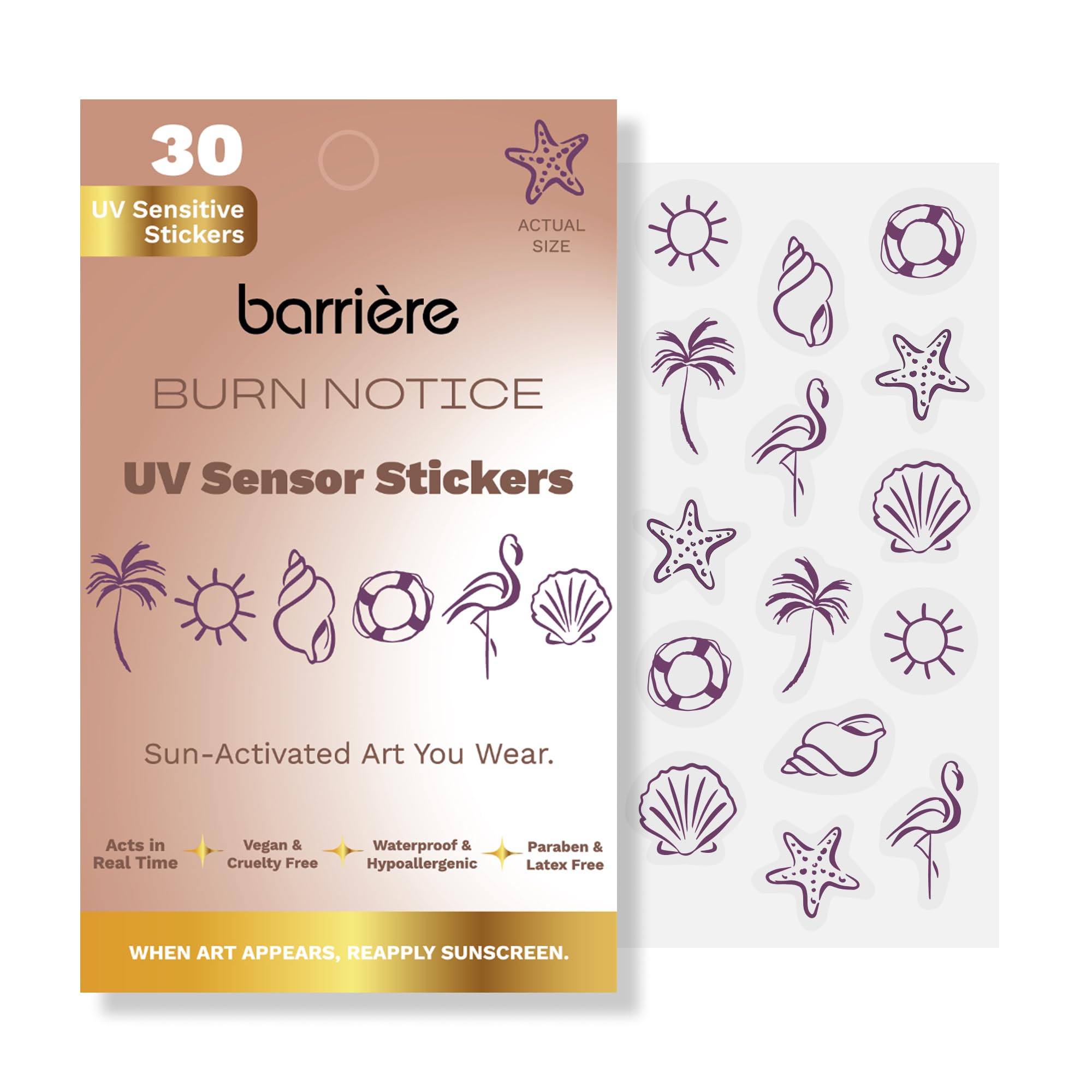 barrière frente del paquete mostrando 30 pegatinas y beneficios visuales