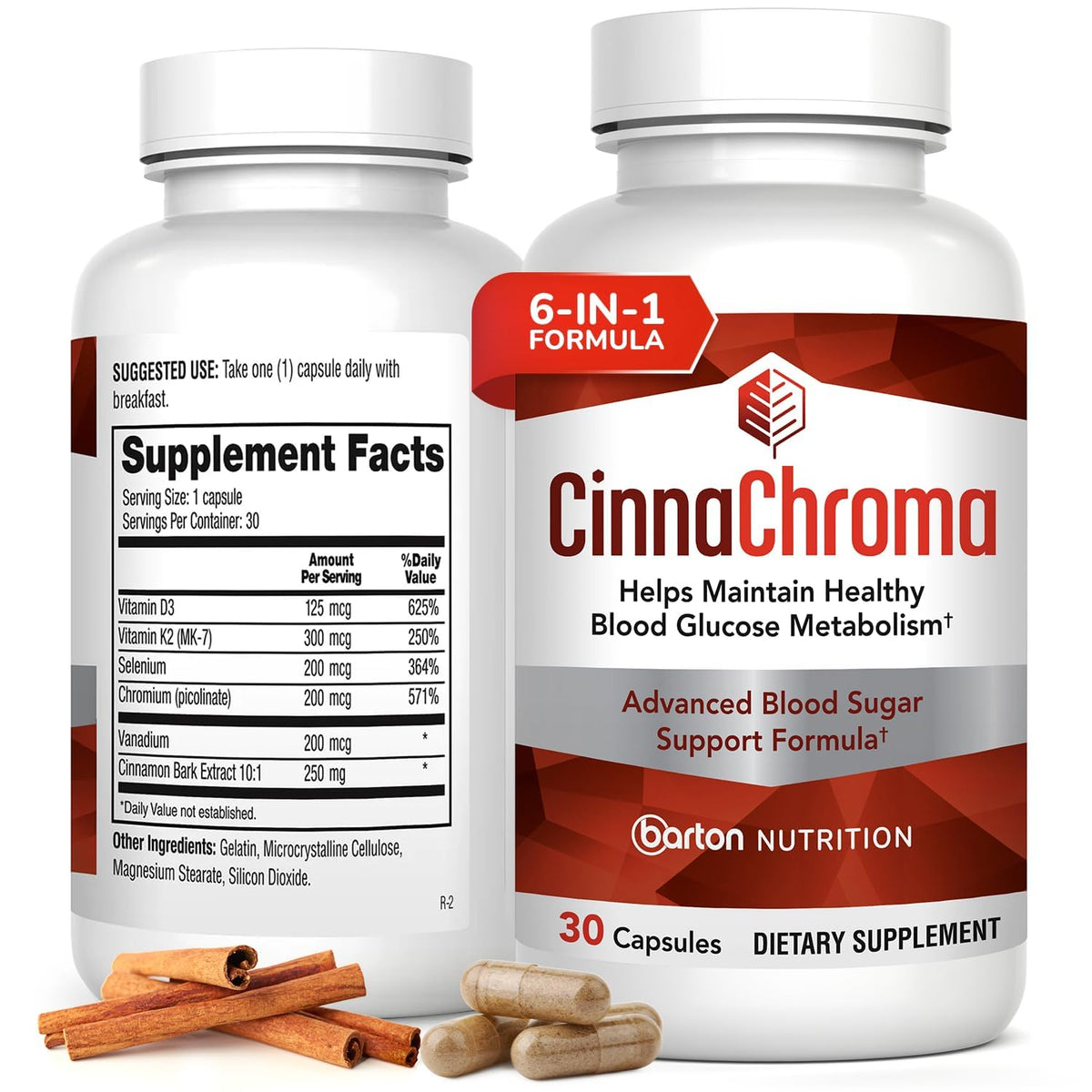 Barton Nutrition frasco delantero mostrando CinnaChroma y beneficio de soporte metabólico
