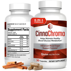 Barton Nutrition frasco delantero mostrando CinnaChroma y beneficio de soporte metabólico