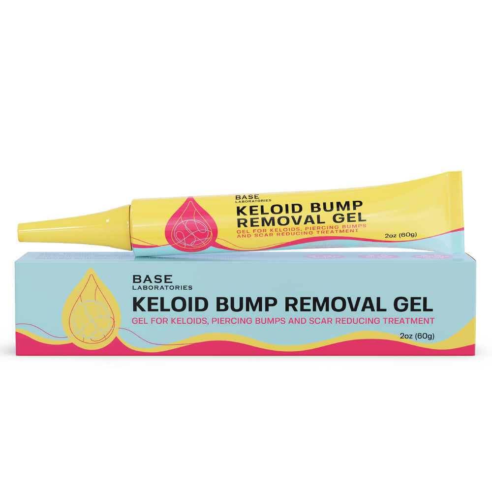 Base Laboratories envase frontal del gel para bultos de queloide, presentación 2 oz y beneficio calmante
