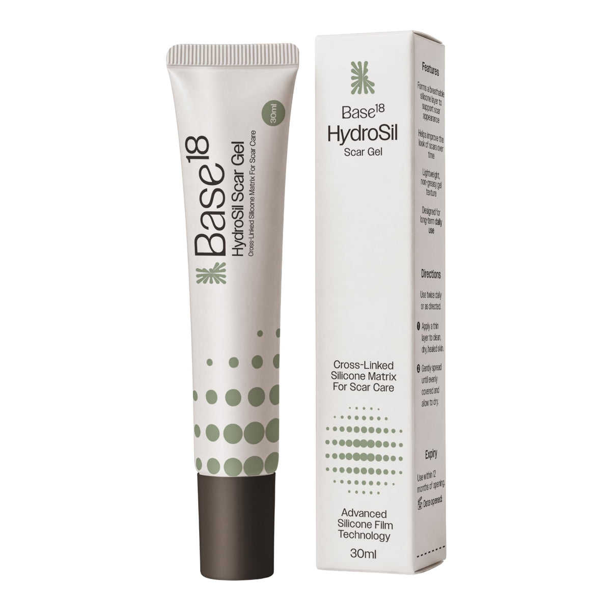 Base18 HydroSil tubo frontal que muestra el envase y aspecto profesional