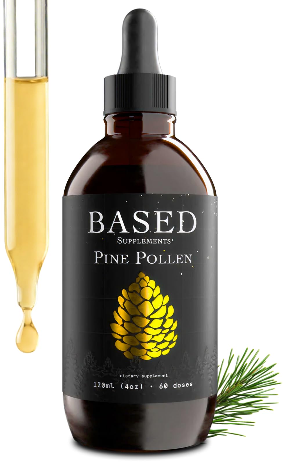 Based Supplements frasco frontal de tintura de polen de pino con información clara