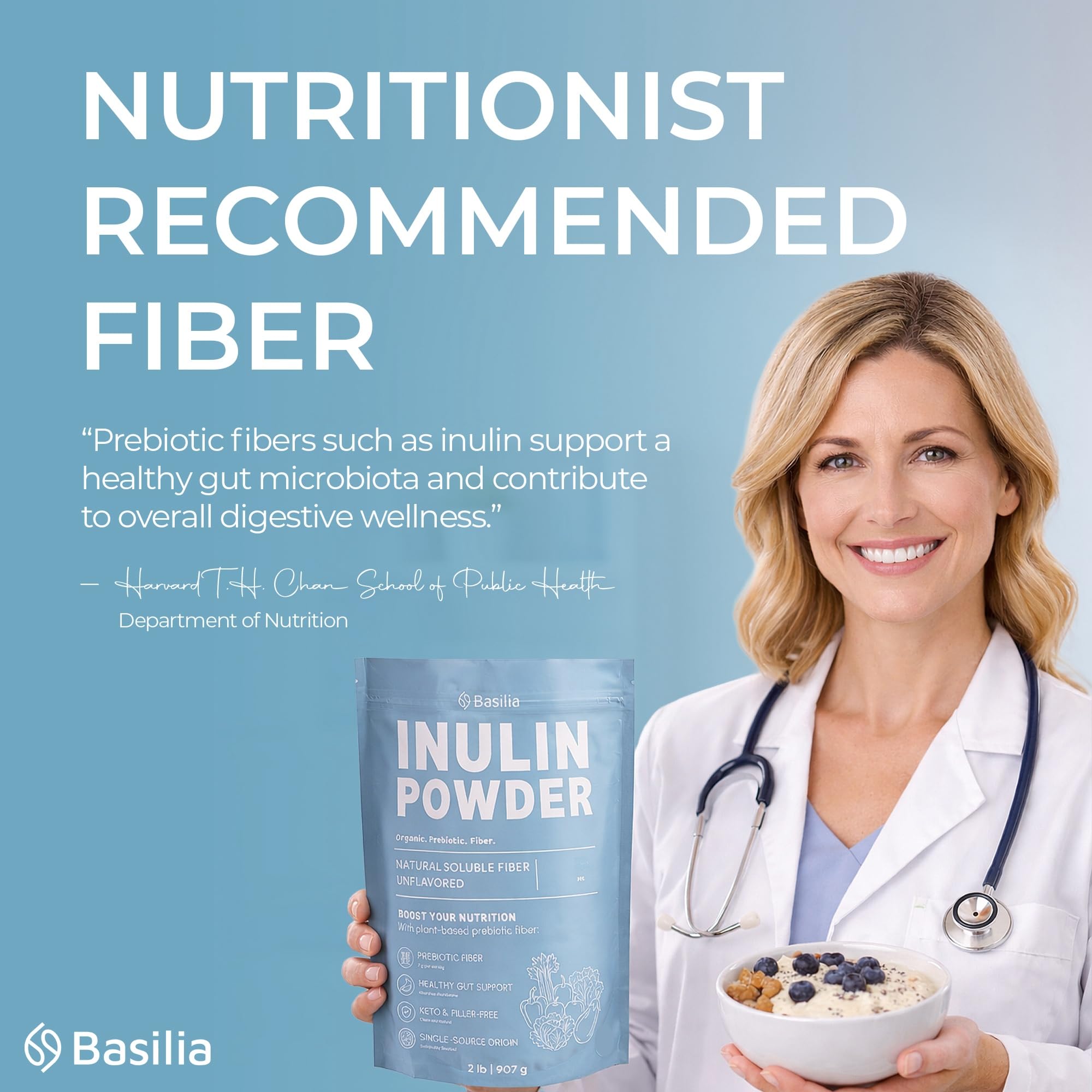 Basilia inulina etiqueta nutricional y claims Non-GMO sin gluten, información clara