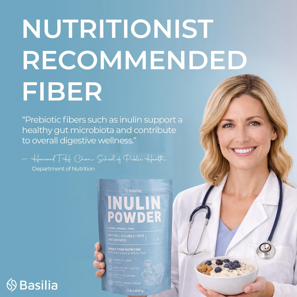 Basilia inulina etiqueta nutricional y claims Non-GMO sin gluten, información clara