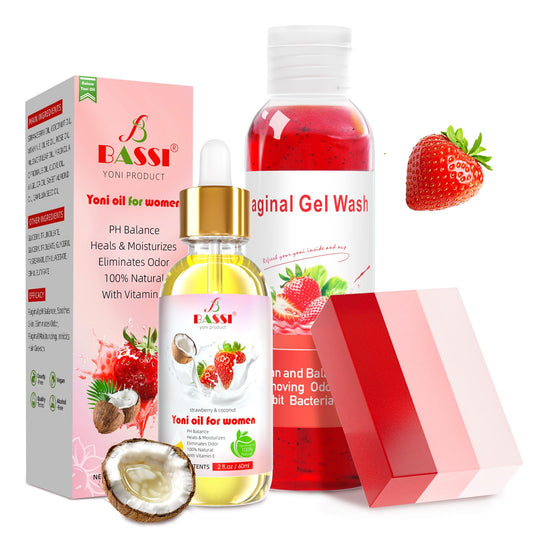 BASSI set frontal mostrando wash, aceite y jabón con aspecto profesional