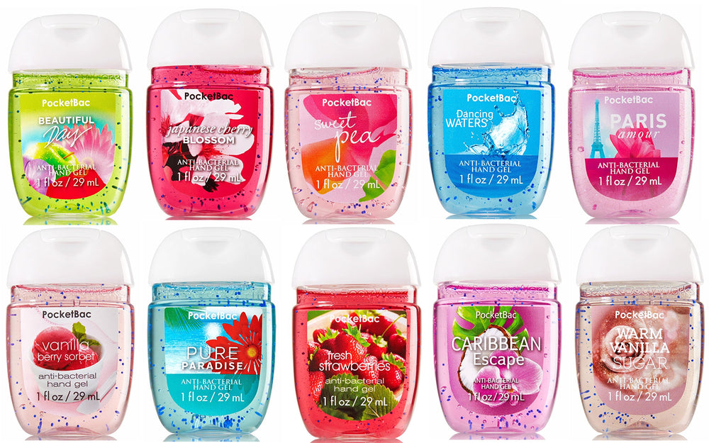 Bath & Body Works frascos PocketBac frontales mostrando variedad y portabilidad