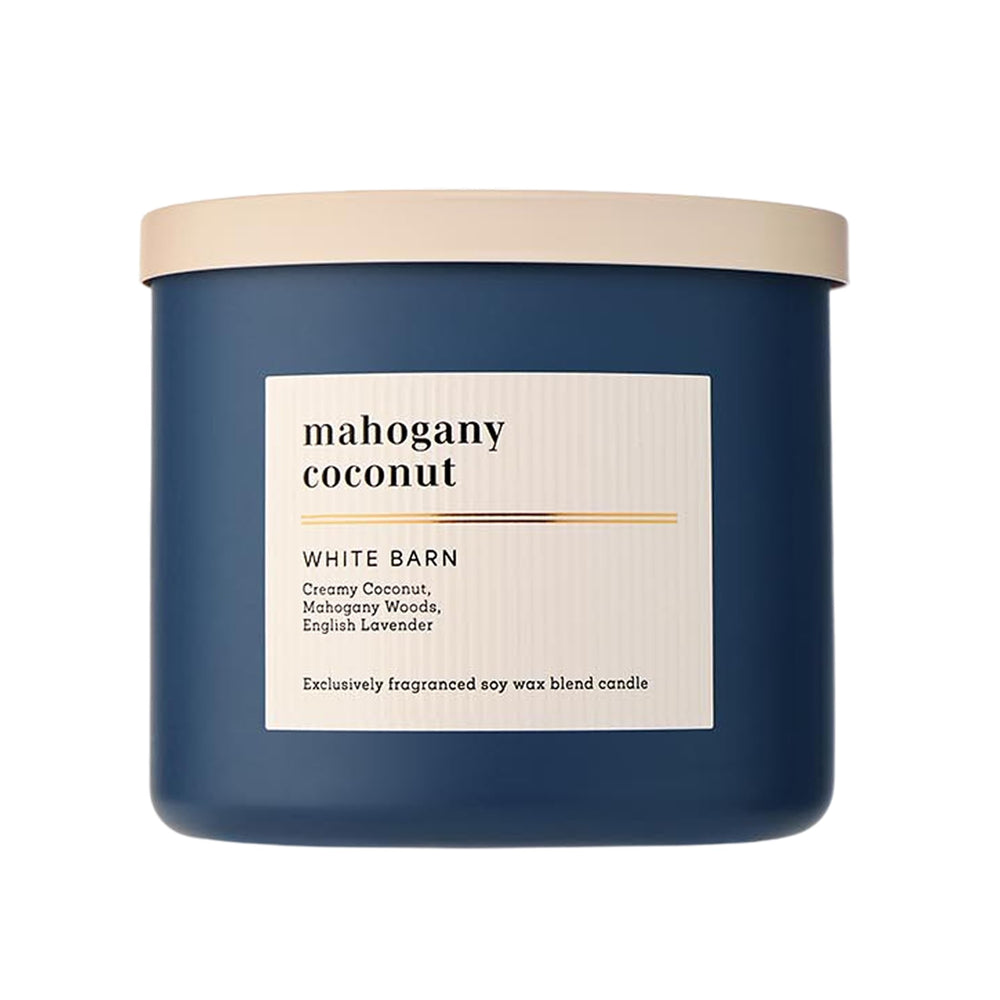 Bath & Body Works vela Mahogany Coconut frente, aspecto decorativo y elegante