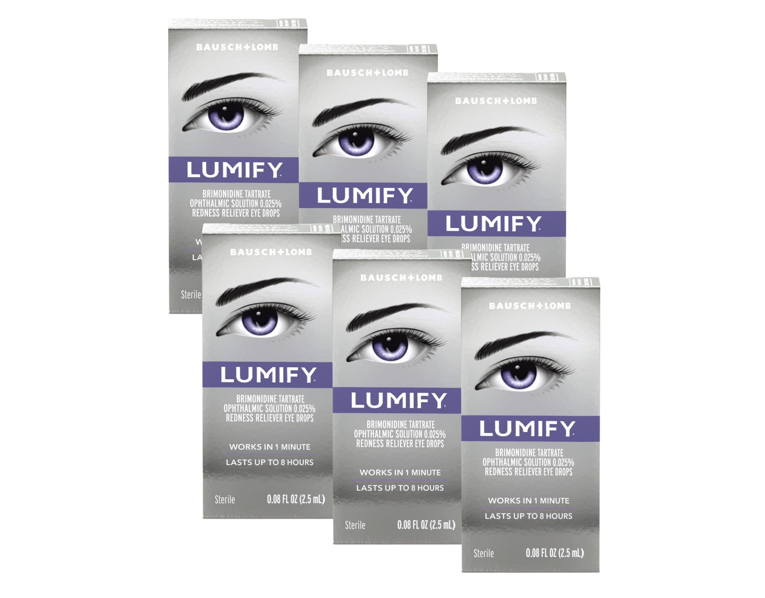 Bausch + Lomb LUMIFY frontal del pack de 6 mostrando envases portátiles y conveniencia