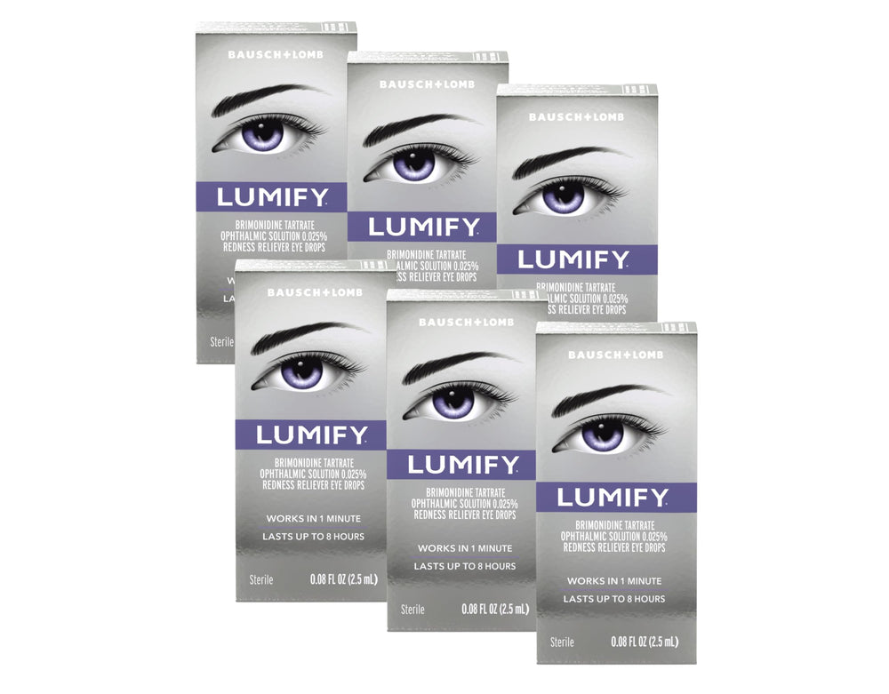 Bausch + Lomb LUMIFY frontal del pack de 6 mostrando envases portátiles y conveniencia