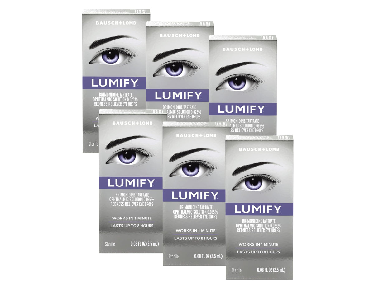 Bausch + Lomb LUMIFY frontal del pack de 6 mostrando envases portátiles y conveniencia