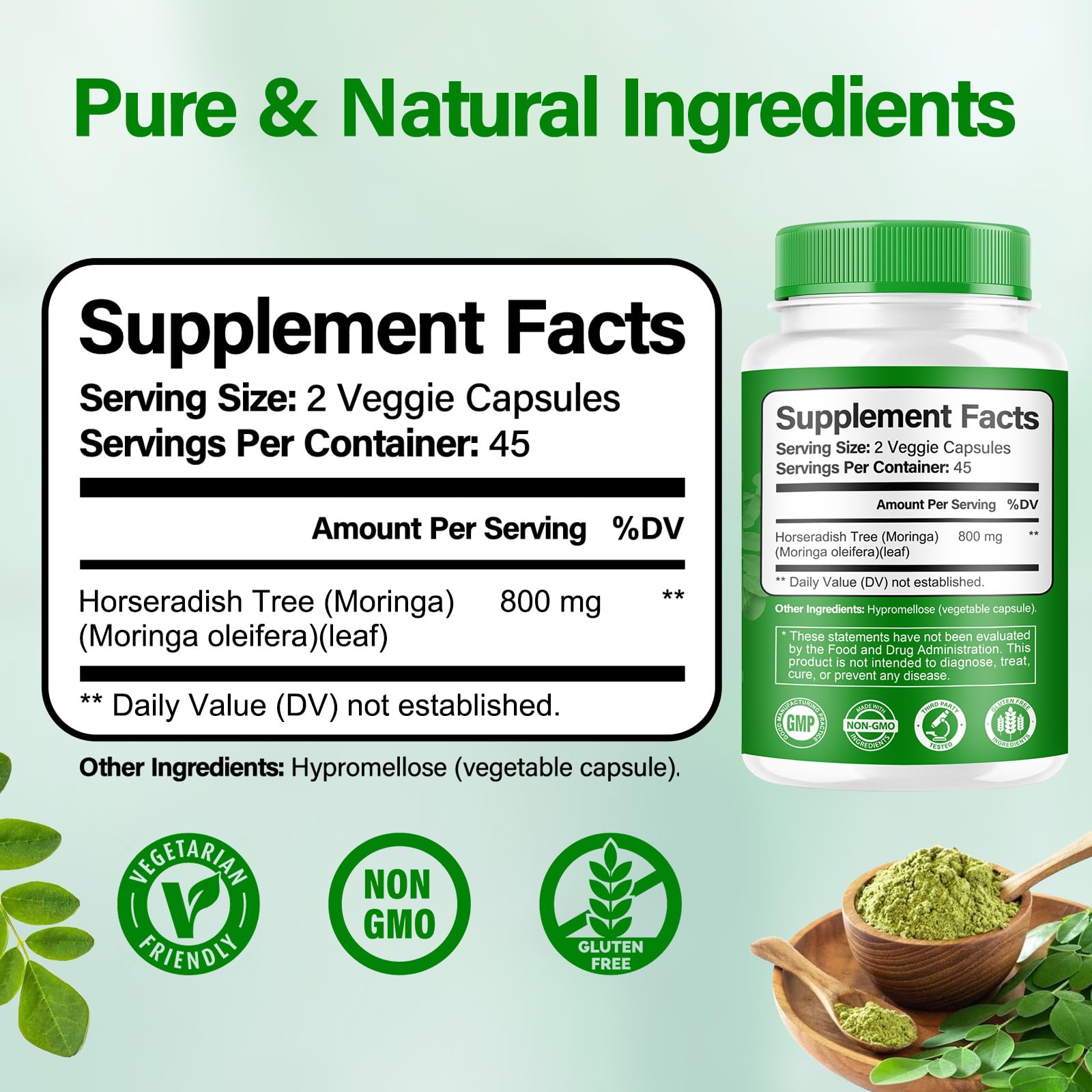 Bcuelov moringa cápsulas primer plano que revela textura y pureza