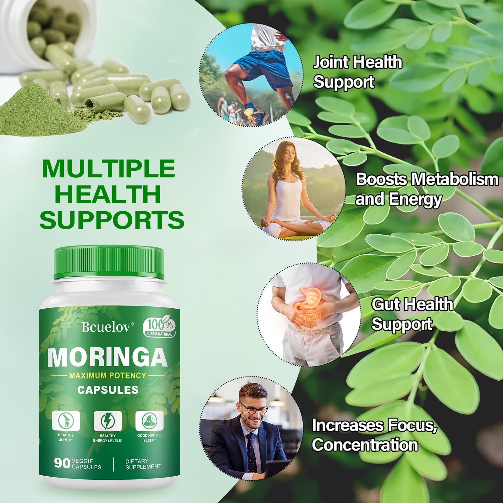 Bcuelov moringa cápsulas en mano para mostrar dosis y escala práctica