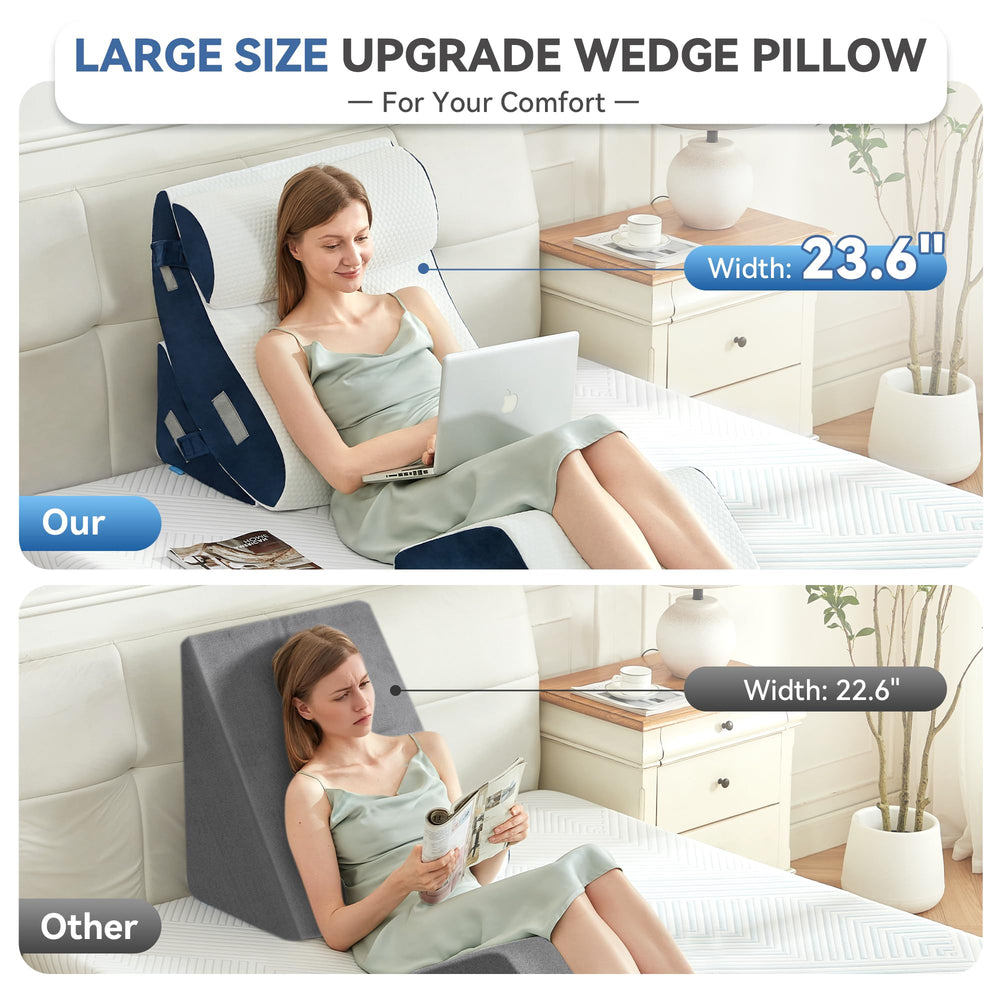 BDEUS cuña en uso leyendo en cama, postura ergonómica cómoda