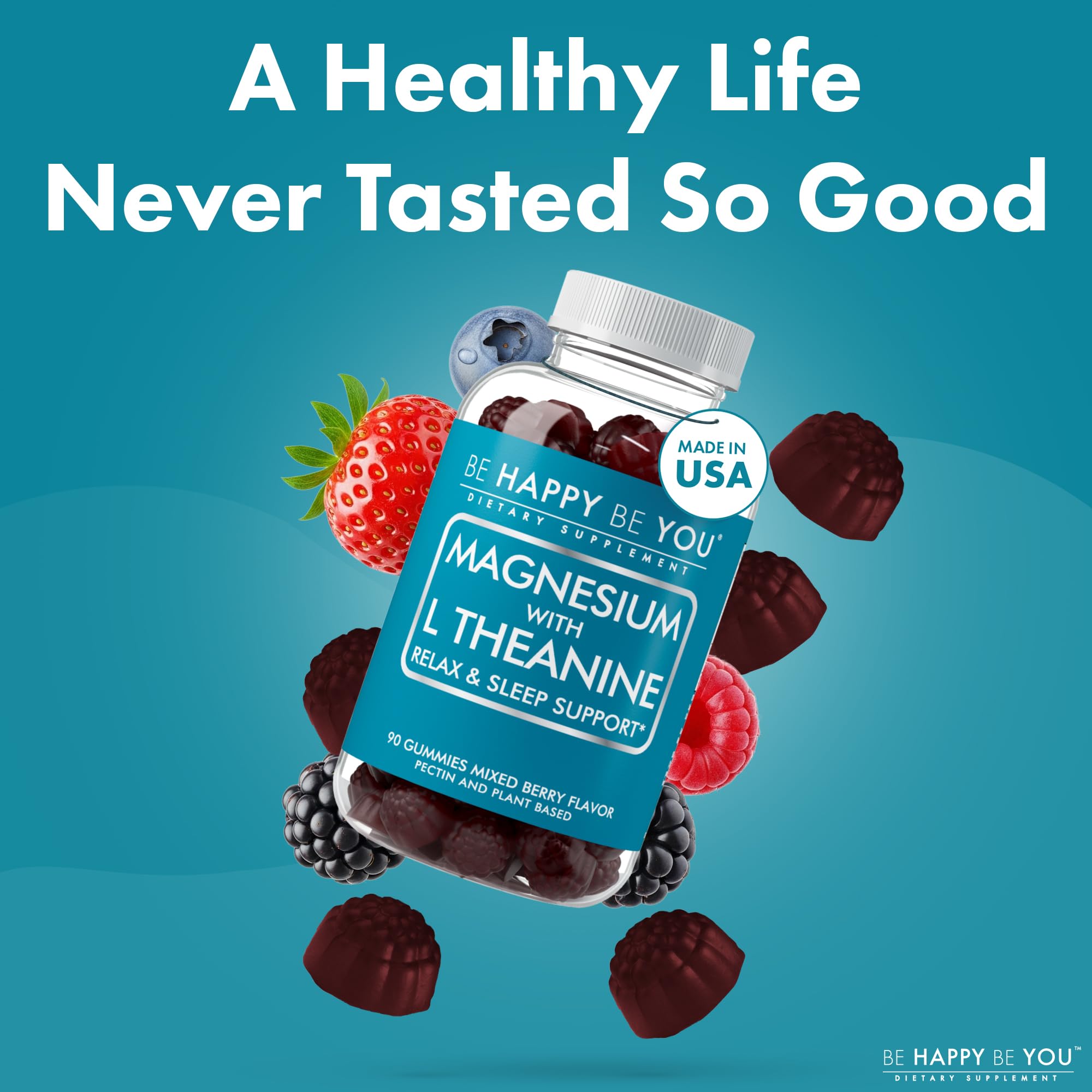 Be Happy Be You empaque y frasco en escenario de vida saludable y minimalista