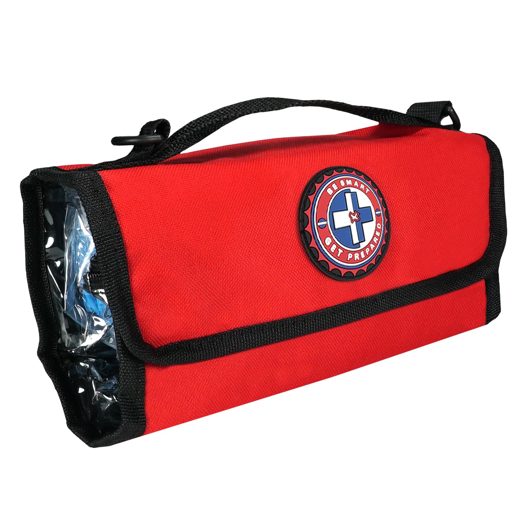 Be Smart Get Prepared tamaño comparativo con mano, bolsa compacta y fácil de guardar