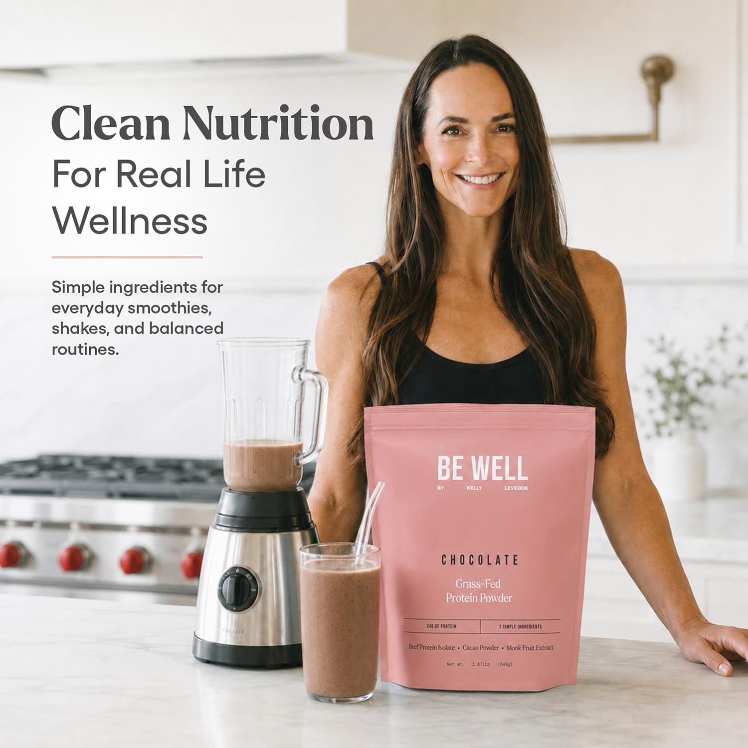 Be Well by Kelly etiqueta nutricional destacando 24 g de proteína por porción