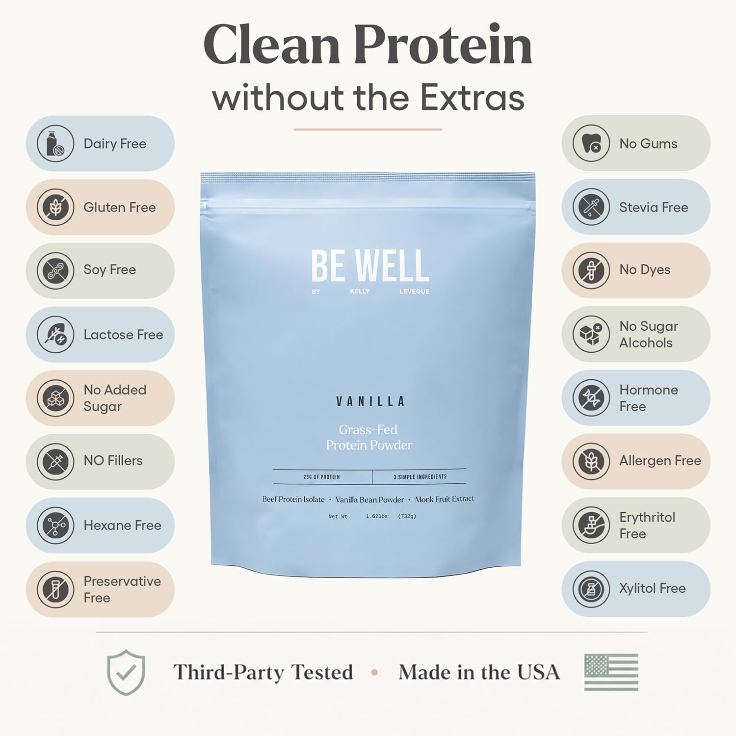 Be Well by Kelly LeVeque cuchara con porción de proteína, ilustra 23 g por servicio
