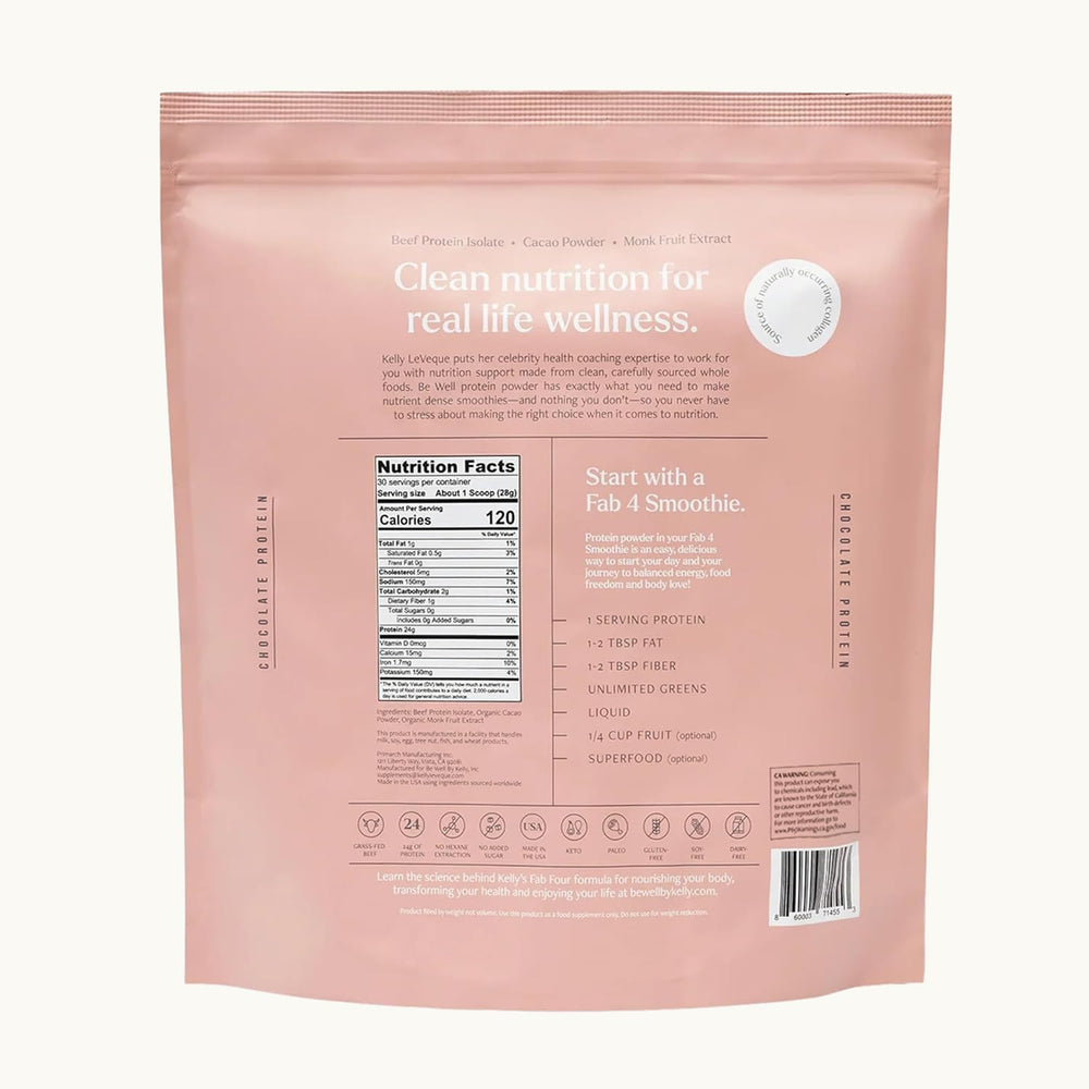 Be Well by Kelly envase sobre mesa con ingredientes saludables, estilo de vida activo
