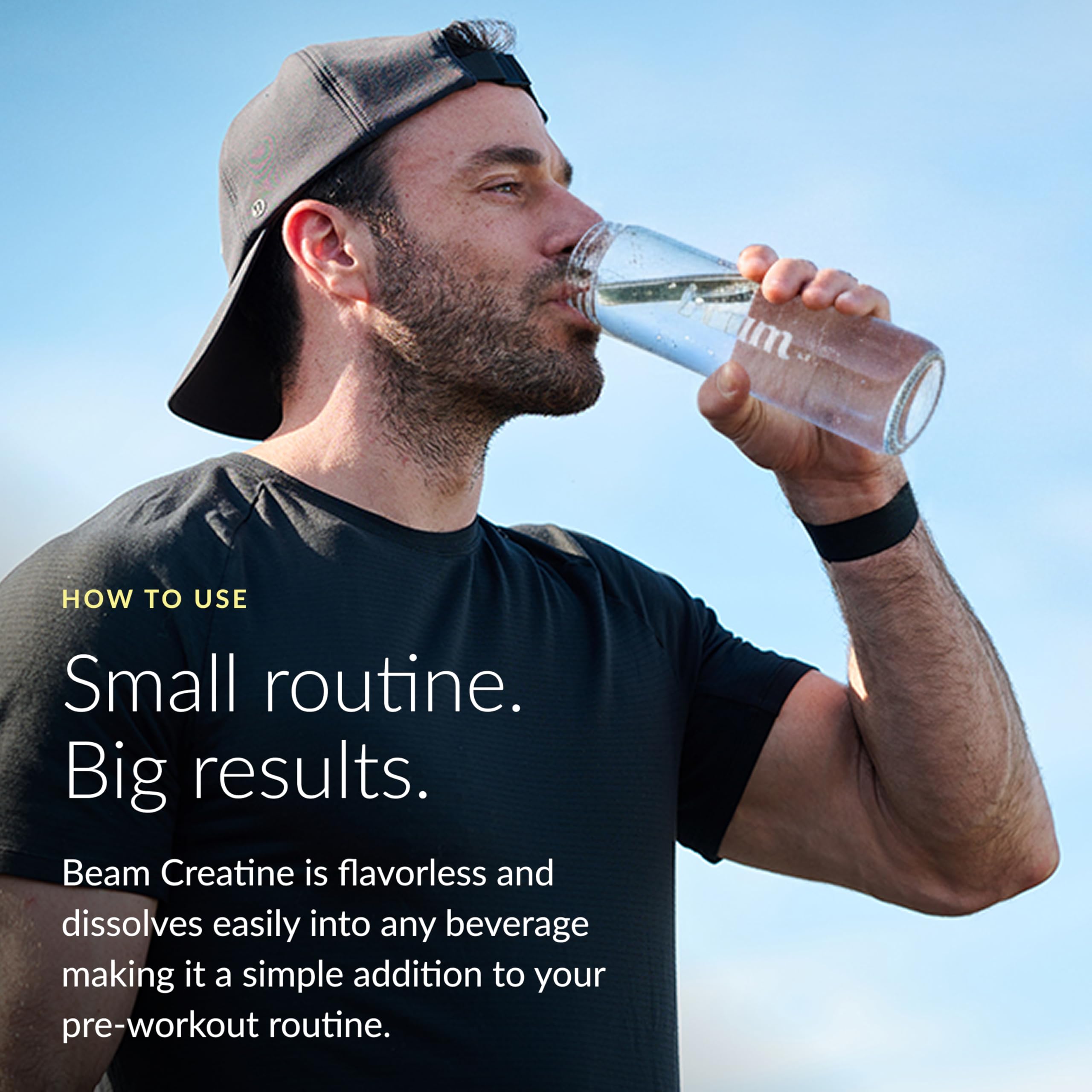 Frasco BEAM junto a pesa para mostrar escala y cantidad de servicio