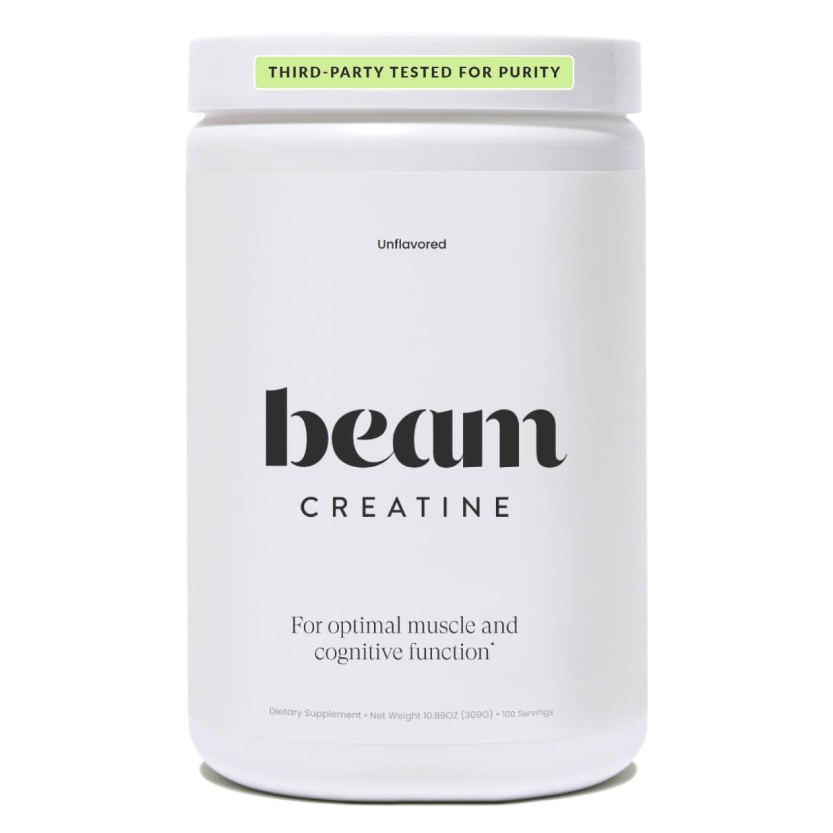 BEAM frasco frontal limpio mostrando 100 servicios y etiquetado claro