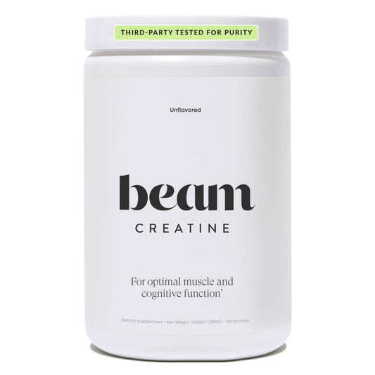 BEAM frasco frontal limpio mostrando 100 servicios y etiquetado claro