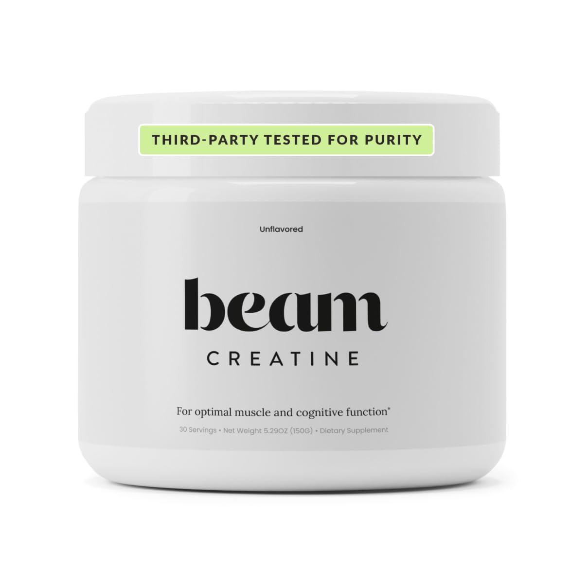 BEAM creatina vista frontal con envase y diseño claro, beneficio de confianza