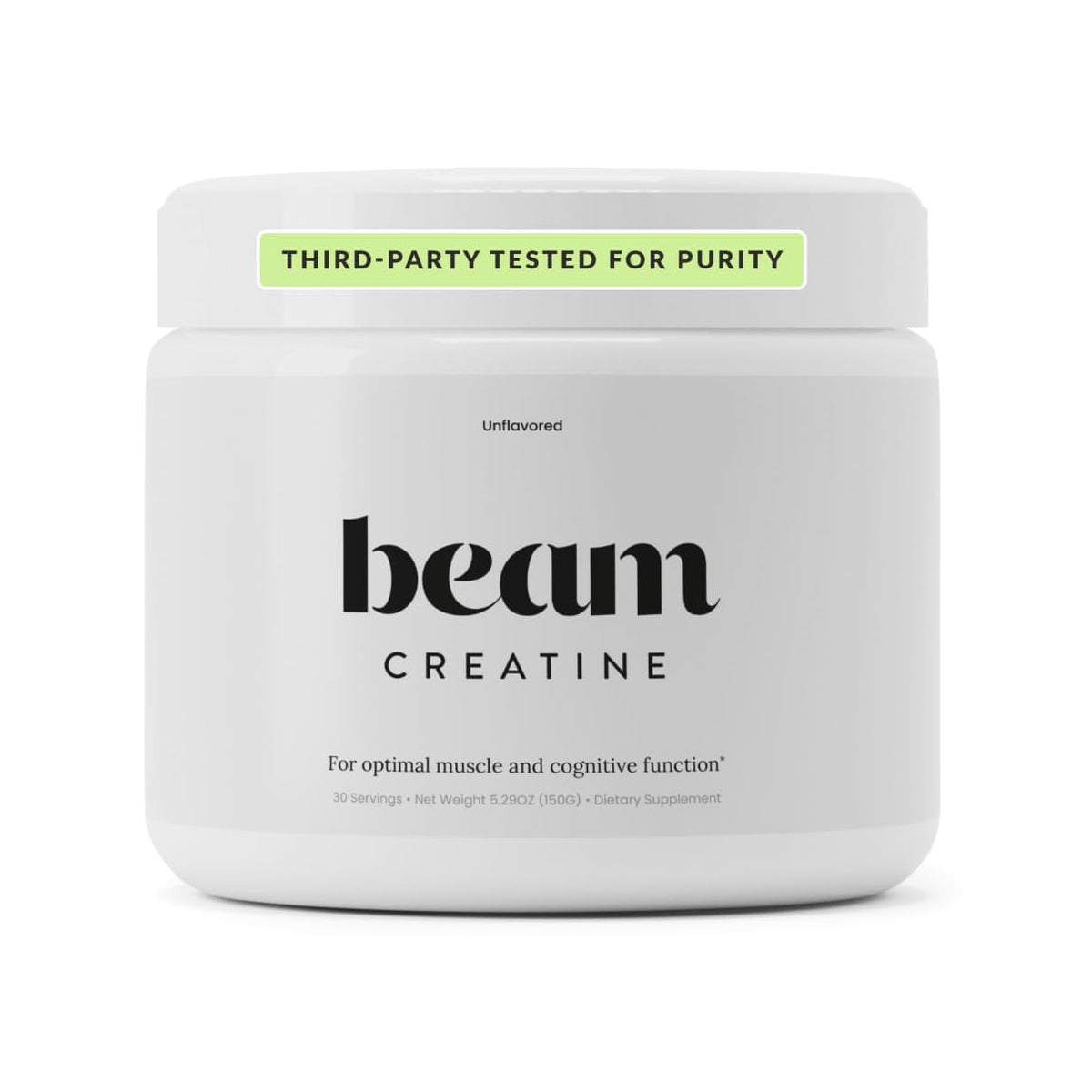 BEAM creatina vista frontal con envase y diseño claro, beneficio de confianza