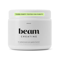 BEAM creatina vista frontal con envase y diseño claro, beneficio de confianza