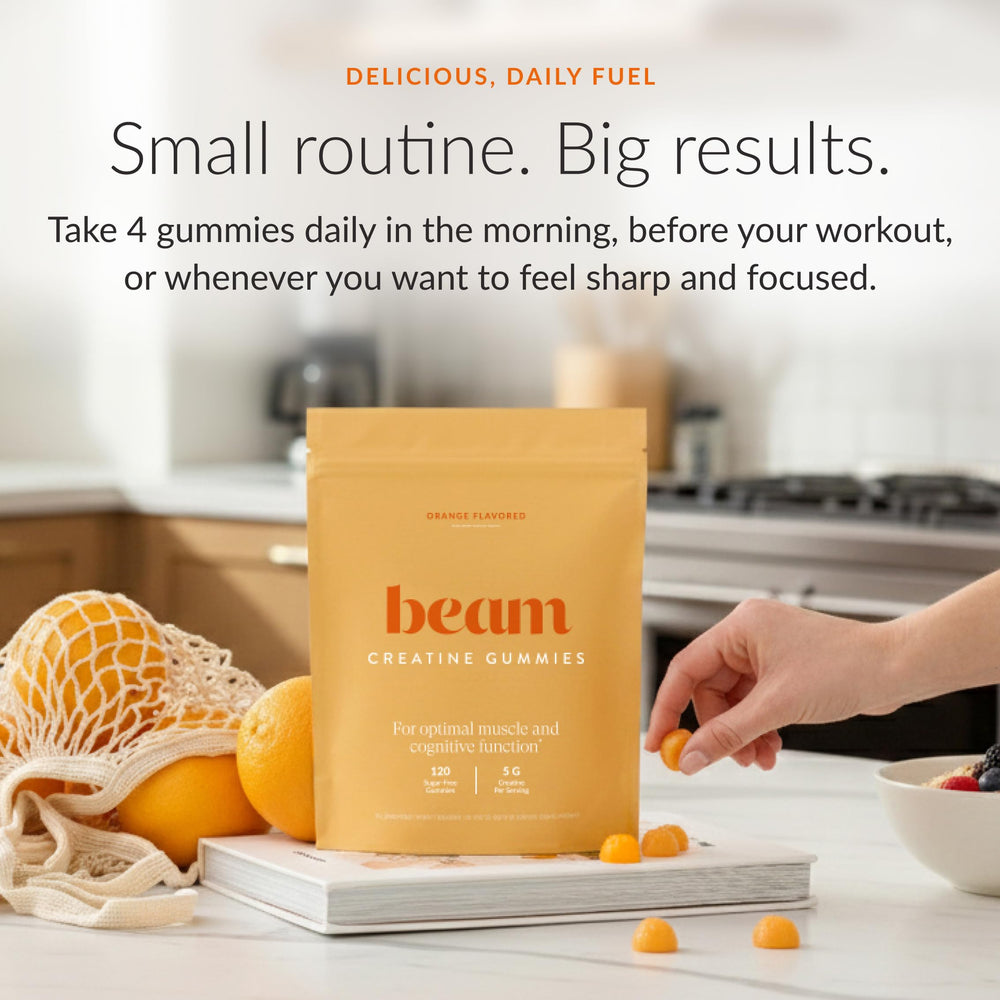 Etiqueta nutricional de BEAM mostrando 5 g de creatina por porción y composición limpia