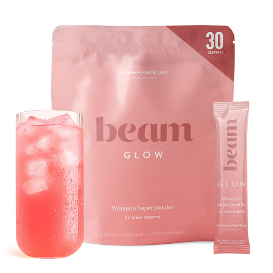 BEAM envase Glow al frente mostrando diseño y sabor fresa-kiwi para confianza
