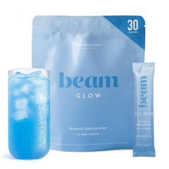 BEAM Glow frente del envase mostrando etiqueta y porciones, comunicación clara del producto