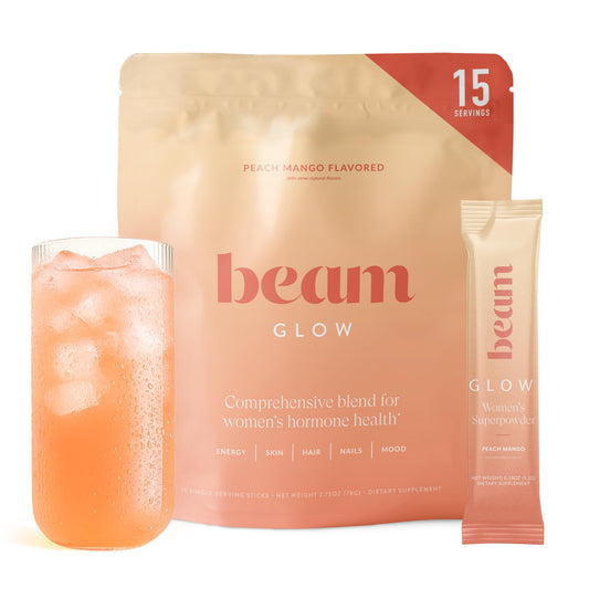 BEAM frasco frontal mostrando diseño y sabor durazno-mango, útil para identificación
