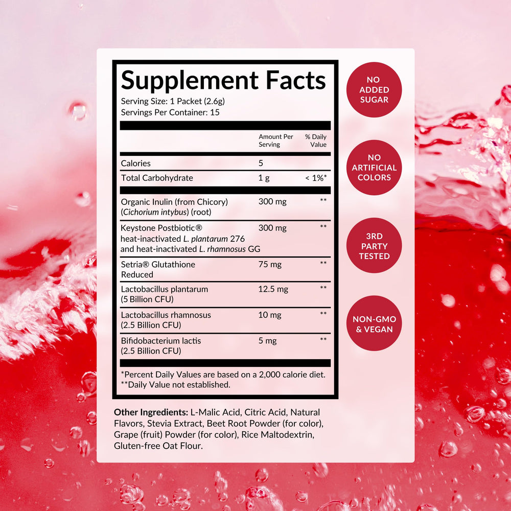 BEAM ingredientes en escena raíz de achicoria y frutos rojos, destaca prebióticos