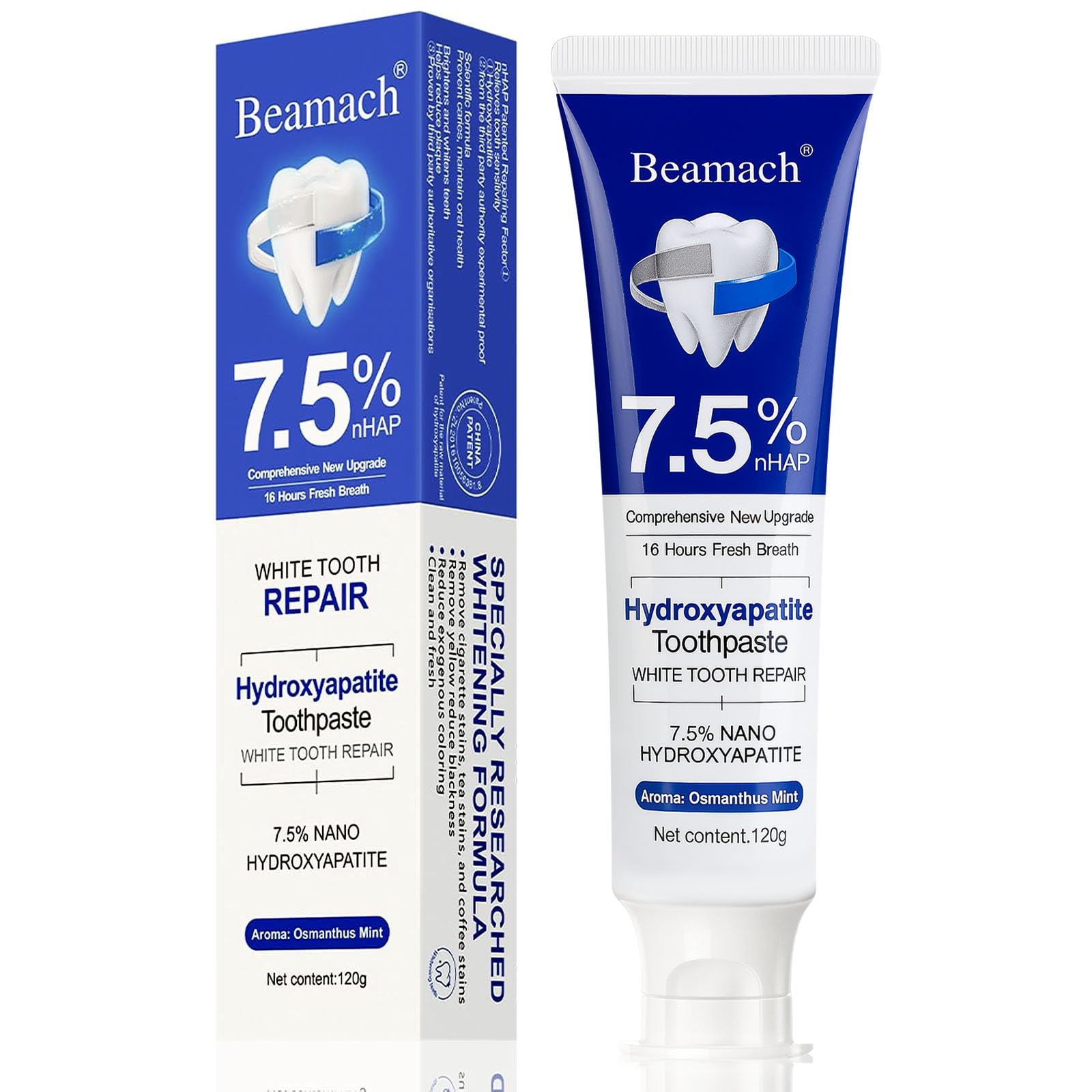 Beamach frente del tubo mostrando la marca y beneficio remineralizante