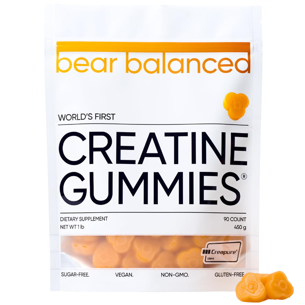 Bear Balanced frente del envase que muestra 90 gomitas, práctico para suplementos diarios