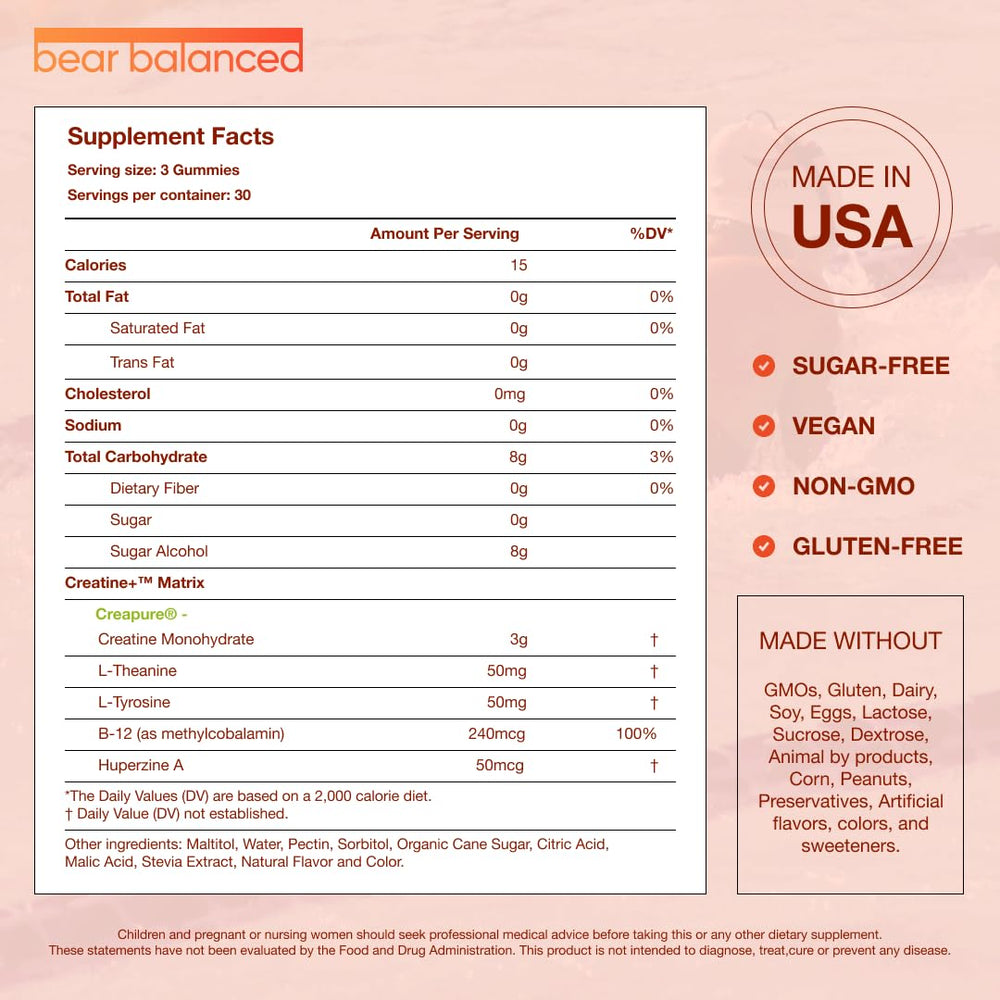 Bear Balanced enfoque en lista de ingredientes Creapure y nutrientes, transparente y limpio