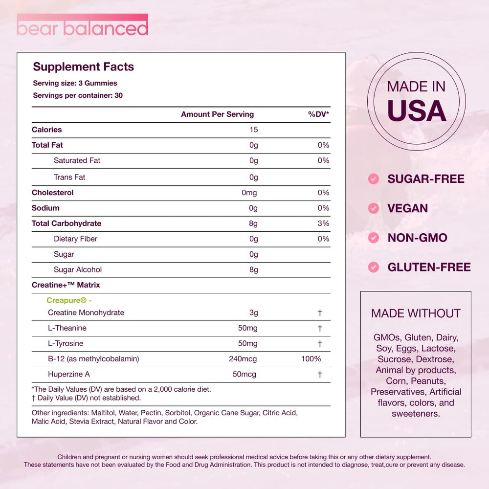 Bear Balanced ingredientes clave Creapure L-teanina y B12 visibles