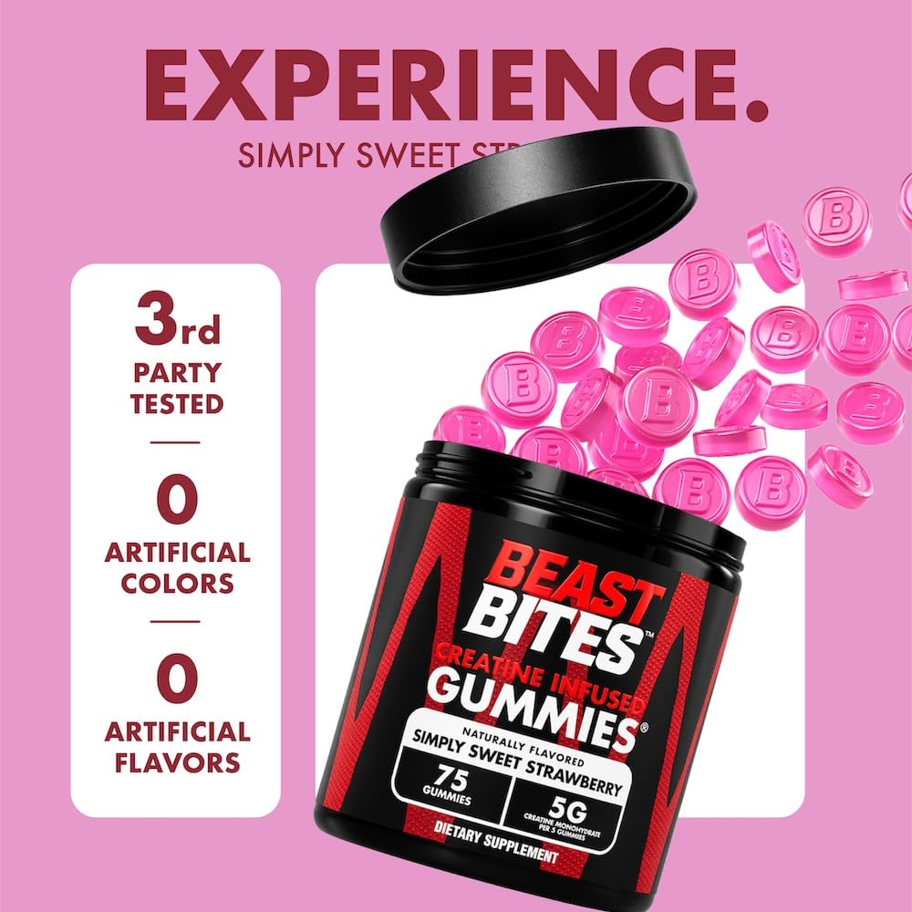 BEAST BITES persona tomando una gomita en gimnasio para conveniencia pre-entreno