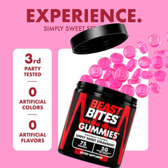 BEAST BITES persona tomando una gomita en gimnasio para conveniencia pre-entreno