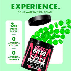 BEAST BITES etiqueta con certificaciones NSF y Clean Label Project, seguridad visible