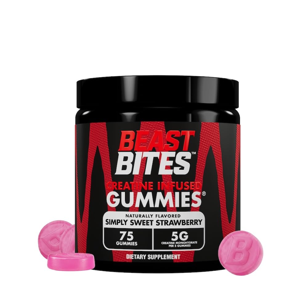 BEAST BITES envase frontal que muestra 75 gomitas fresa y beneficios claros