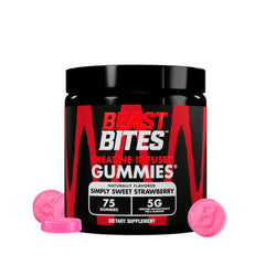 BEAST BITES envase frontal que muestra 75 gomitas fresa y beneficios claros