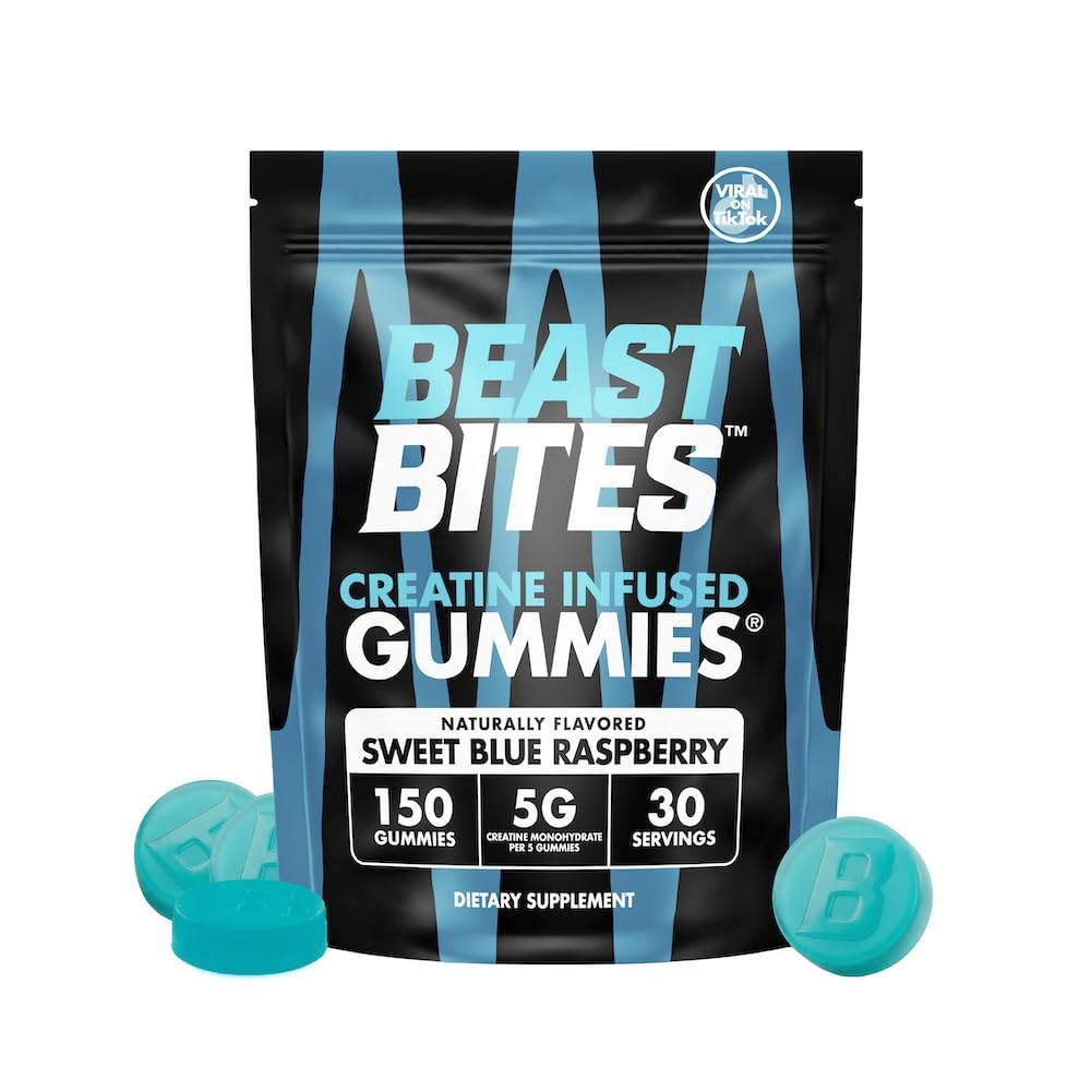 BEAST BITES envase frontal mostrando 150 gomitas y beneficio de dosis clara